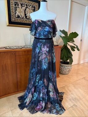 Marchesa Notte Strapless Floral Pleated Maxi Dress in Black Floral